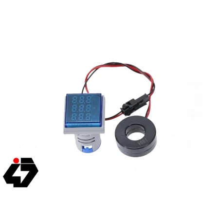 ولتمتر، آمپرمتر و فرکانس متر چراغ سیگنالی AC500V-100A-70Hz آبی مربعی مدل AD16-22VAHZS