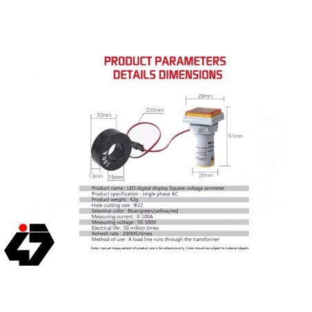 ولتمتر و آمپرمتر چراغ سیگنالی AC500V-100A زرد مربعی مدل AD16-22FVA