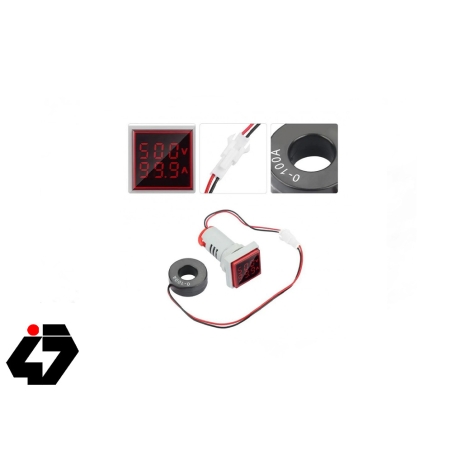 ولتمتر و آمپرمتر چراغ سیگنالی AC500V-100A قرمز مربعی مدل AD16-22FVA