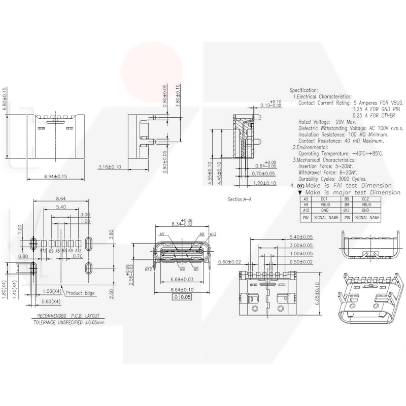 کانکتور Type-C مادگی 6pin با هولدر 4 پایه